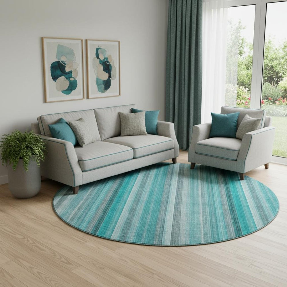 HomeRoots 8' Teal and Ivory Striped Round Rug – Washable, UV-Protected, Durable Design for Stylish Living Spaces 648415