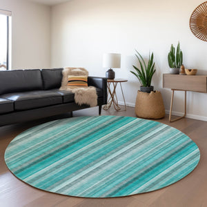 HomeRoots 8' Teal and Ivory Striped Round Rug – Washable, UV-Protected, Durable Design for Stylish Living Spaces 648415