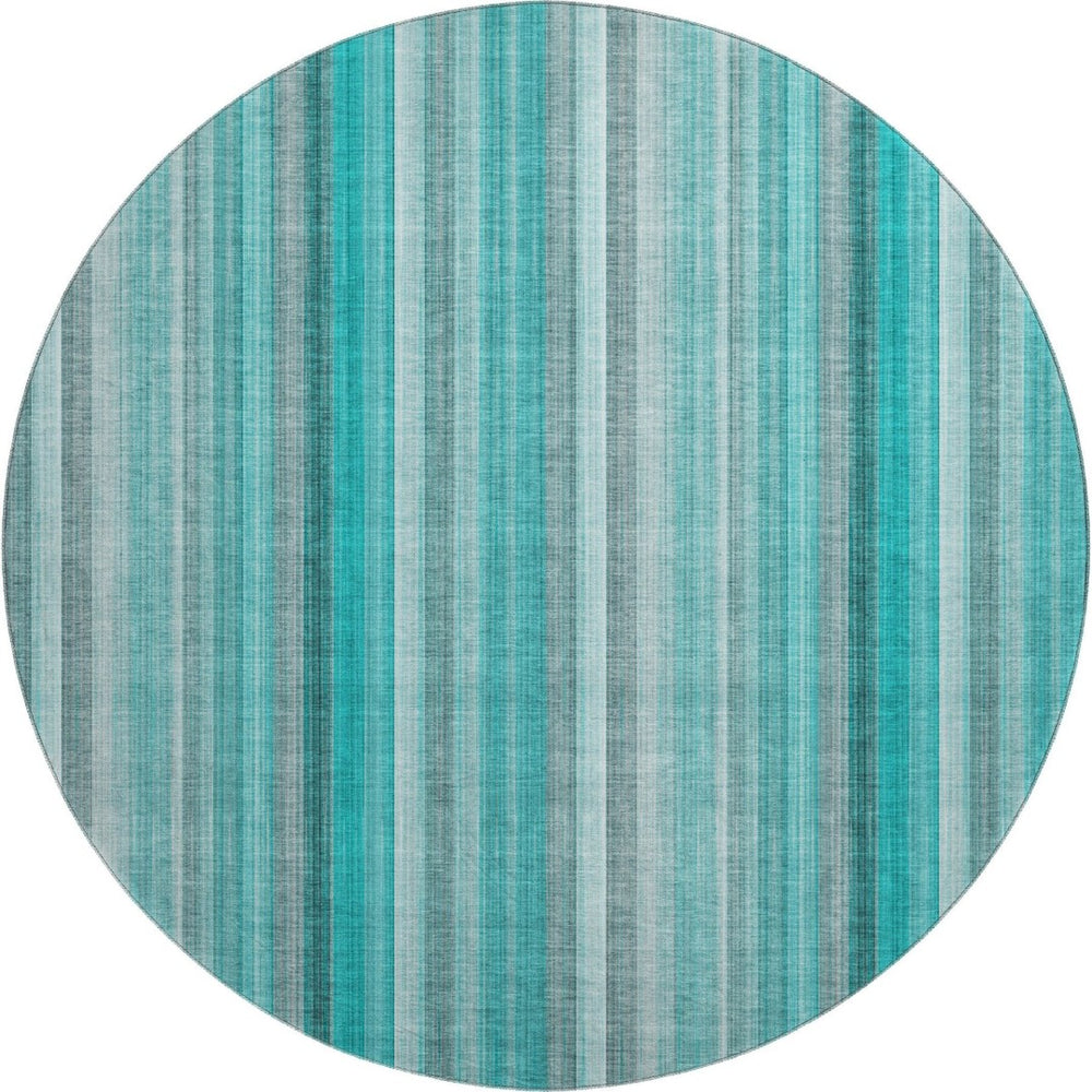 HomeRoots 8' Teal and Ivory Striped Round Rug – Washable, UV-Protected, Durable Design for Stylish Living Spaces 648415