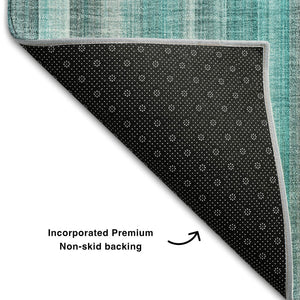 HomeRoots 8' Teal and Ivory Striped Round Rug – Washable, UV-Protected, Durable Design for Stylish Living Spaces 648415