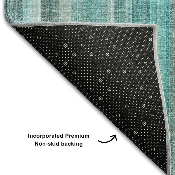 HomeRoots 8' Teal and Ivory Striped Round Rug – Washable, UV-Protected, Durable Design for Stylish Living Spaces 648415