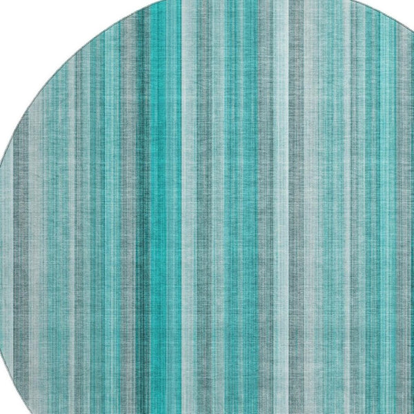 HomeRoots 8' Teal and Ivory Striped Round Rug – Washable, UV-Protected, Durable Design for Stylish Living Spaces 648415