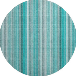 HomeRoots 8' Teal and Ivory Striped Round Rug – Washable, UV-Protected, Durable Design for Stylish Living Spaces 648415