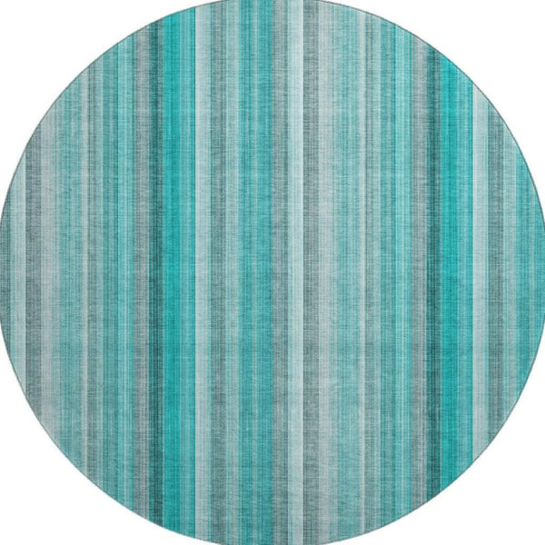 HomeRoots 8' Teal and Ivory Striped Round Rug – Washable, UV-Protected, Durable Design for Stylish Living Spaces 648415