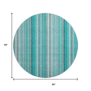 HomeRoots 8' Teal and Ivory Striped Round Rug – Washable, UV-Protected, Durable Design for Stylish Living Spaces 648415