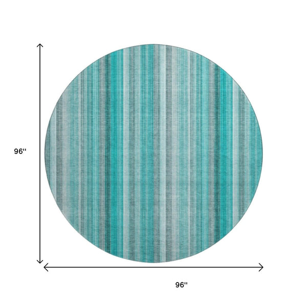 HomeRoots 8' Teal and Ivory Striped Round Rug – Washable, UV-Protected, Durable Design for Stylish Living Spaces 648415