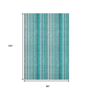 HomeRoots 8' x 10' Teal & Ivory Striped Area Rug - Washable, UV Protected, Stain Resistant for Busy Homes 648416