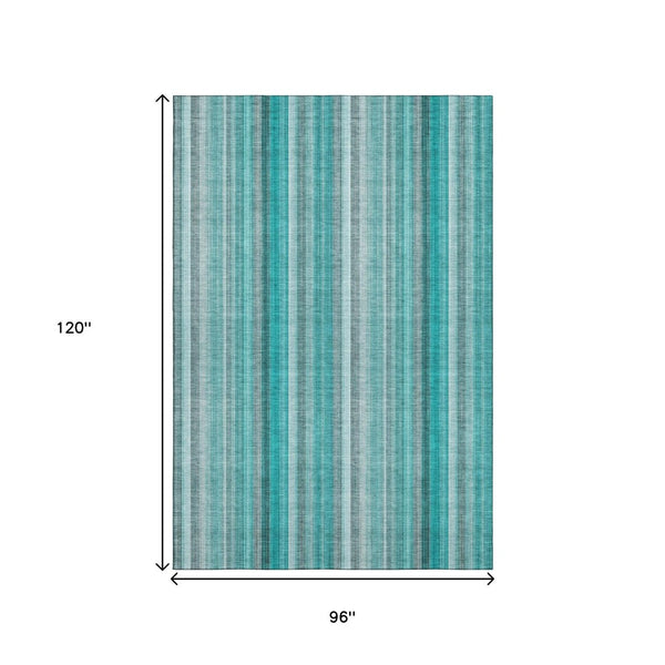 HomeRoots 8' x 10' Teal & Ivory Striped Area Rug - Washable, UV Protected, Stain Resistant for Busy Homes 648416