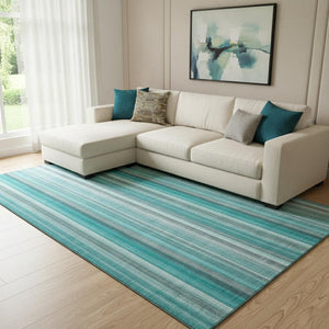 HomeRoots 8' x 10' Teal & Ivory Striped Area Rug - Washable, UV Protected, Stain Resistant for Busy Homes 648416
