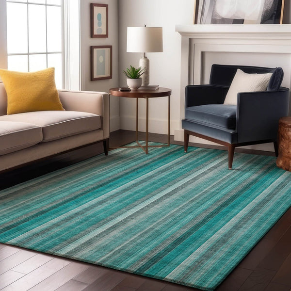 HomeRoots 8' x 10' Teal & Ivory Striped Area Rug - Washable, UV Protected, Stain Resistant for Busy Homes 648416
