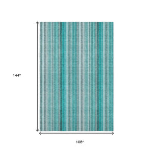 HomeRoots 9' X 12' Teal and Ivory Striped Area Rug - Washable, UV-Protected, Stylish & Durable for Any Space 648417