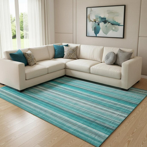HomeRoots 9' X 12' Teal and Ivory Striped Area Rug - Washable, UV-Protected, Stylish & Durable for Any Space 648417