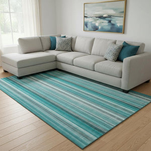 HomeRoots 9' X 12' Teal and Ivory Striped Area Rug - Washable, UV-Protected, Stylish & Durable for Any Space 648417