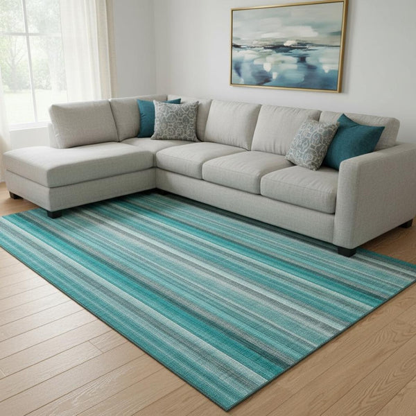 HomeRoots 9' X 12' Teal and Ivory Striped Area Rug - Washable, UV-Protected, Stylish & Durable for Any Space 648417
