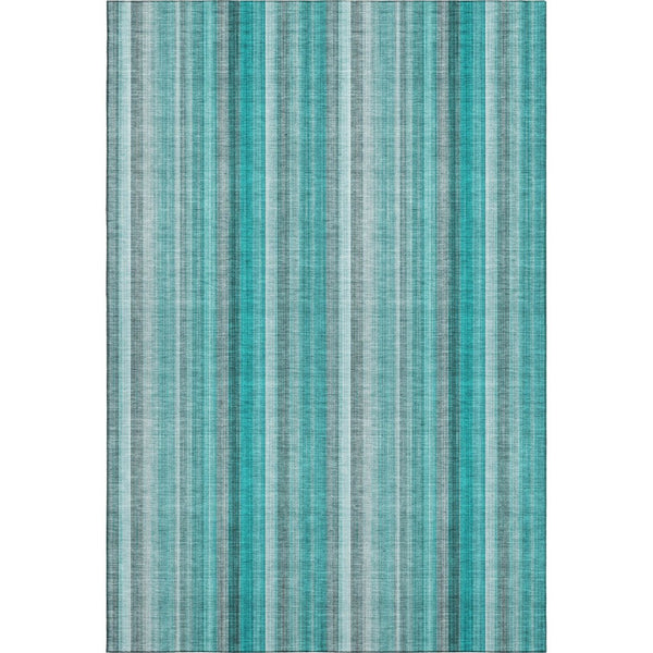 HomeRoots 9' X 12' Teal and Ivory Striped Area Rug - Washable, UV-Protected, Stylish & Durable for Any Space 648417
