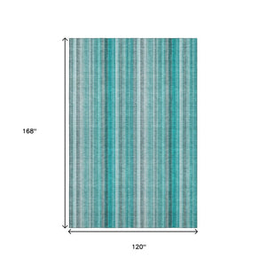 HomeRoots 10' Teal and Ivory Striped Washable Area Rug - Durable, UV-Protected, Ideal for High-Traffic Spaces 648418