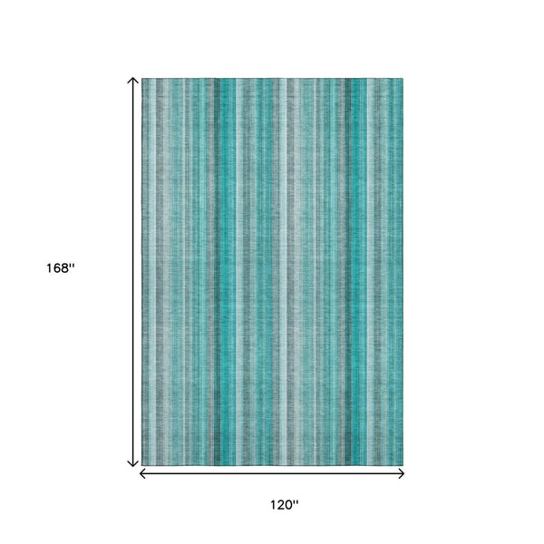 HomeRoots 10' Teal and Ivory Striped Washable Area Rug - Durable, UV-Protected, Ideal for High-Traffic Spaces 648418