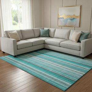 HomeRoots 10' Teal and Ivory Striped Washable Area Rug - Durable, UV-Protected, Ideal for High-Traffic Spaces 648418