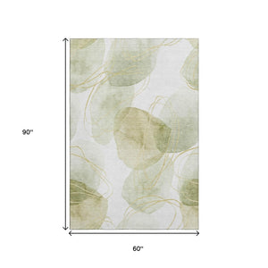 HomeRoots 5' X 8' Washable Green Gold Ivory Abstract Area Rug with UV Protection for Modern Living Spaces 648420