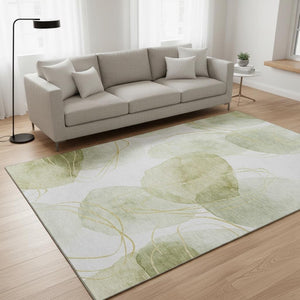 HomeRoots 5' X 8' Washable Green Gold Ivory Abstract Area Rug with UV Protection for Modern Living Spaces 648420