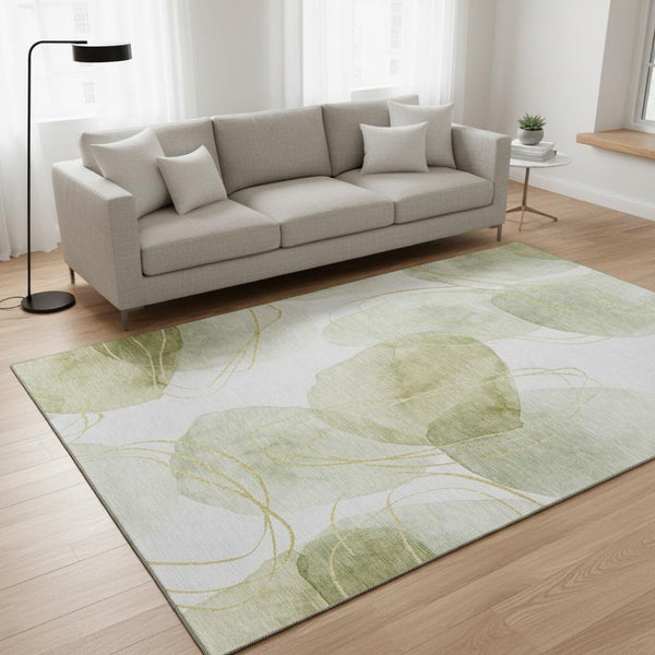 HomeRoots 5' X 8' Washable Green Gold Ivory Abstract Area Rug with UV Protection for Modern Living Spaces 648420