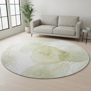 HomeRoots 8' Washable Green Gold and Ivory Abstract Round Rug with UV Protection for Modern Living Spaces 648421