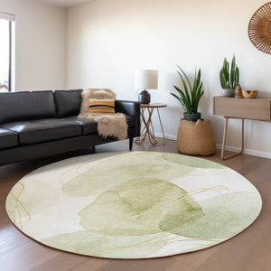 HomeRoots 8' Washable Green Gold and Ivory Abstract Round Rug with UV Protection for Modern Living Spaces 648421
