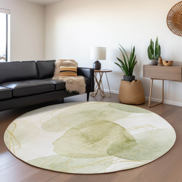 HomeRoots 8' Washable Green Gold and Ivory Abstract Round Rug with UV Protection for Modern Living Spaces 648421