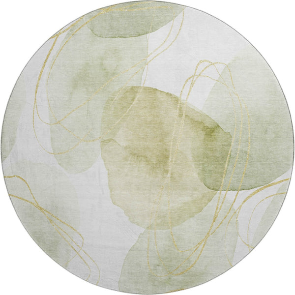 HomeRoots 8' Washable Green Gold and Ivory Abstract Round Rug with UV Protection for Modern Living Spaces 648421