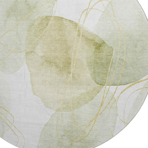 HomeRoots 8' Washable Green Gold and Ivory Abstract Round Rug with UV Protection for Modern Living Spaces 648421