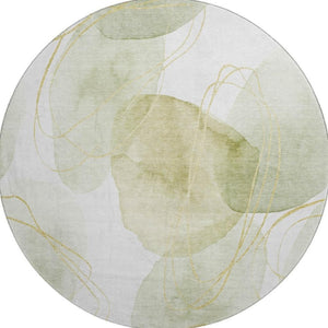 HomeRoots 8' Washable Green Gold and Ivory Abstract Round Rug with UV Protection for Modern Living Spaces 648421