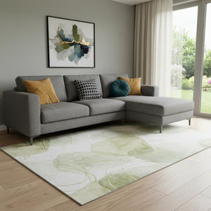 HomeRoots 8' X 10' Stylish Green Gold Ivory Abstract Area Rug - Washable, UV Protected, Stain Resistant Design 648422