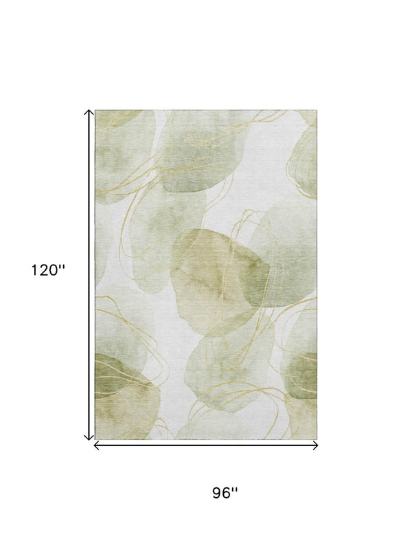 HomeRoots 8' X 10' Stylish Green Gold Ivory Abstract Area Rug - Washable, UV Protected, Stain Resistant Design 648422