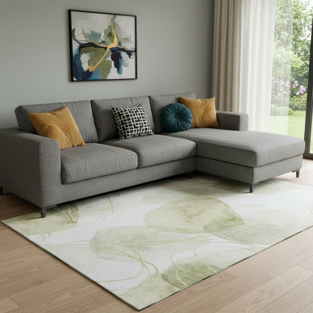 HomeRoots 9' X 12' Vibrant Green Gold Ivory Abstract Washable Area Rug with UV Protection for Modern Spaces 648423
