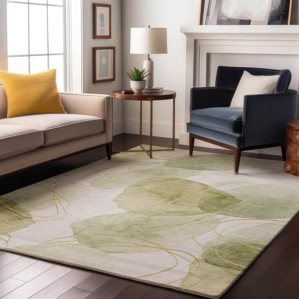 HomeRoots 10' X 14' Washable Green Gold and Ivory Abstract Area Rug - UV Protected, Durable for Busy Homes 648424
