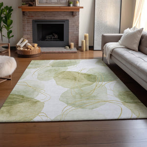 HomeRoots 10' X 14' Washable Green Gold and Ivory Abstract Area Rug - UV Protected, Durable for Busy Homes 648424