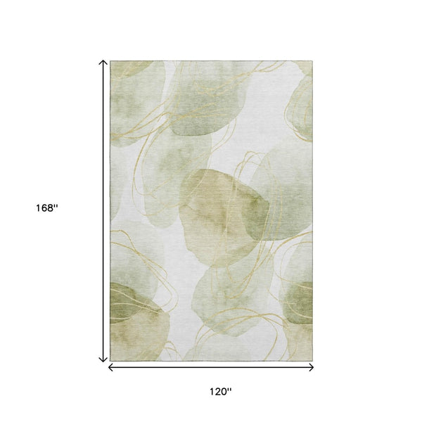 HomeRoots 10' X 14' Washable Green Gold and Ivory Abstract Area Rug - UV Protected, Durable for Busy Homes 648424