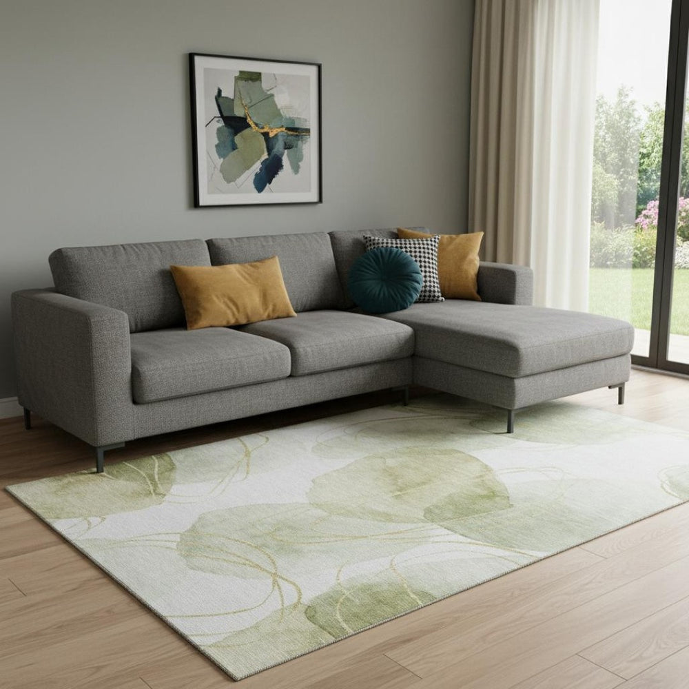 HomeRoots 10' X 14' Washable Green Gold and Ivory Abstract Area Rug - UV Protected, Durable for Busy Homes 648424