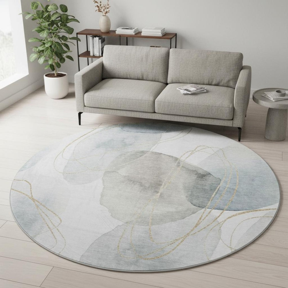 HomeRoots 8' Ivory and Beige Abstract Round Rug – Durable, Washable, UV-Protected for High-Traffic Spaces! 648427