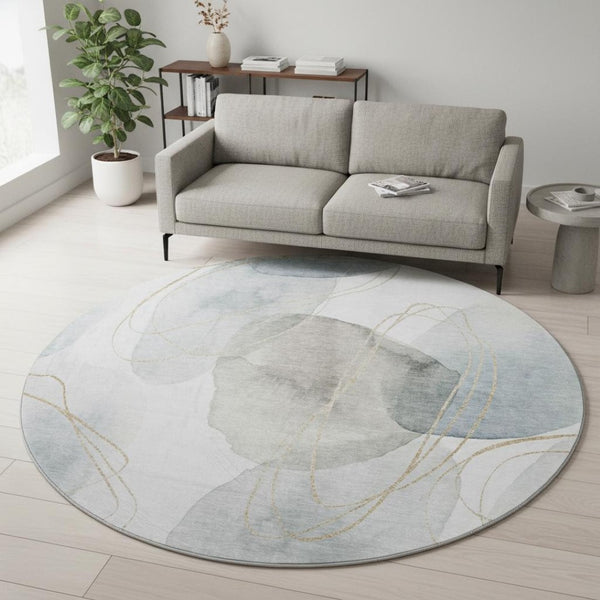 HomeRoots 8' Ivory and Beige Abstract Round Rug – Durable, Washable, UV-Protected for High-Traffic Spaces! 648427