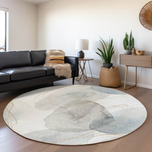 HomeRoots 8' Ivory and Beige Abstract Round Rug – Durable, Washable, UV-Protected for High-Traffic Spaces! 648427