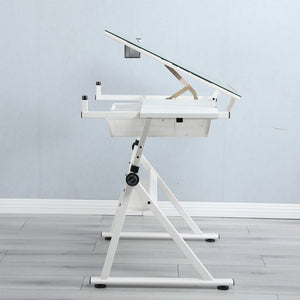 English Elm White Tempered Glass Drafting Table with Chair Steel Frame Tilting Artist Desk W347119824