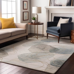HomeRoots 10' X 14' Ivory and Beige Abstract Washable Area Rug - Durable, UV-Protected, Family-Friendly Design 648430