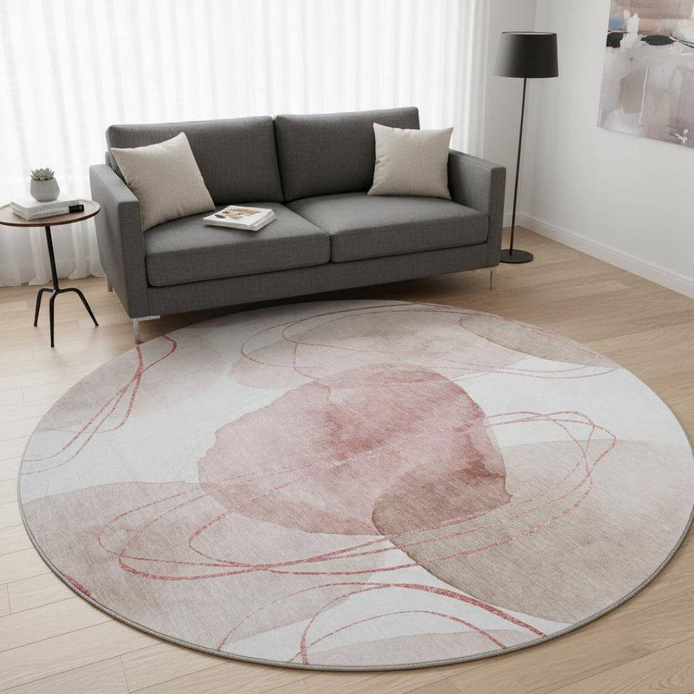 HomeRoots 8' Merlot and Ivory Abstract Round Rug - Durable, Washable, UV-Protected Design for Modern Homes 648433