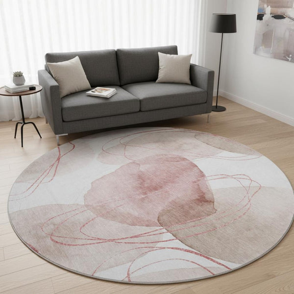HomeRoots 8' Merlot and Ivory Abstract Round Rug - Durable, Washable, UV-Protected Design for Modern Homes 648433