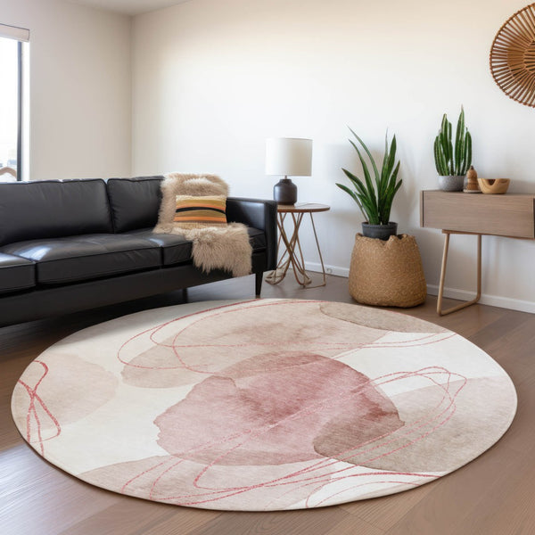 HomeRoots 8' Merlot and Ivory Abstract Round Rug - Durable, Washable, UV-Protected Design for Modern Homes 648433