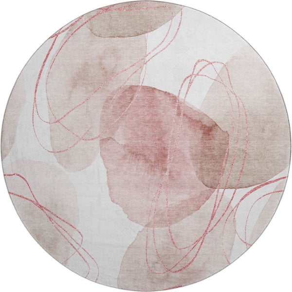 HomeRoots 8' Merlot and Ivory Abstract Round Rug - Durable, Washable, UV-Protected Design for Modern Homes 648433