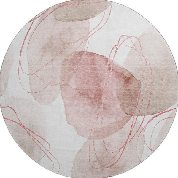 HomeRoots 8' Merlot and Ivory Abstract Round Rug - Durable, Washable, UV-Protected Design for Modern Homes 648433