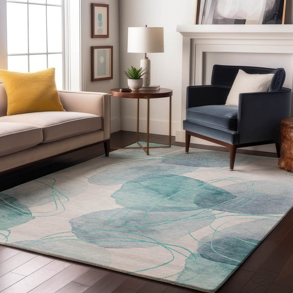 HomeRoots 5' X 8' Teal and Ivory Abstract Area Rug - Washable, UV-Protected, Durable Comfort for Busy Homes 648438