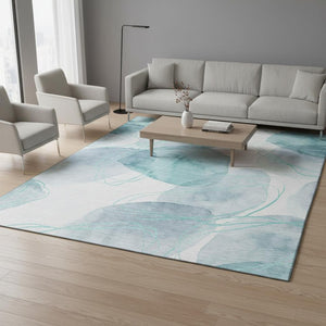 HomeRoots 5' X 8' Teal and Ivory Abstract Area Rug - Washable, UV-Protected, Durable Comfort for Busy Homes 648438